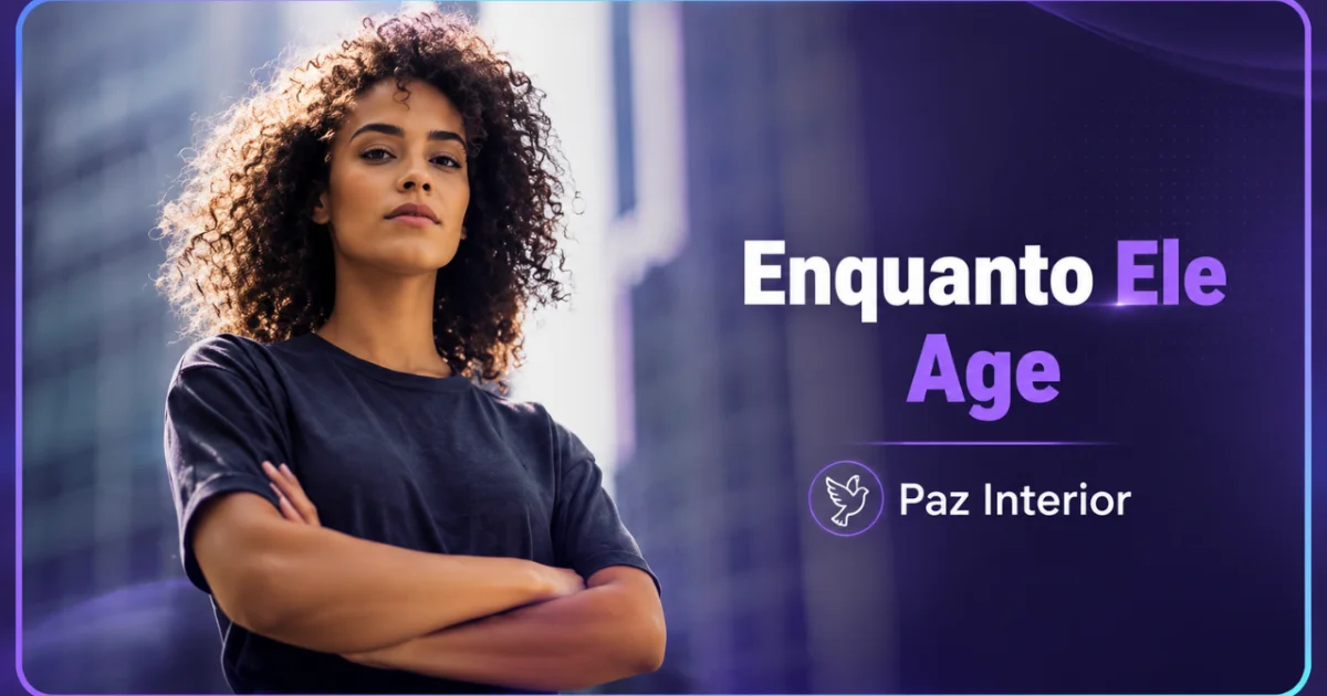 Mulher em ambiente urbano com a mensagem Enquanto Ele Age, paz interior