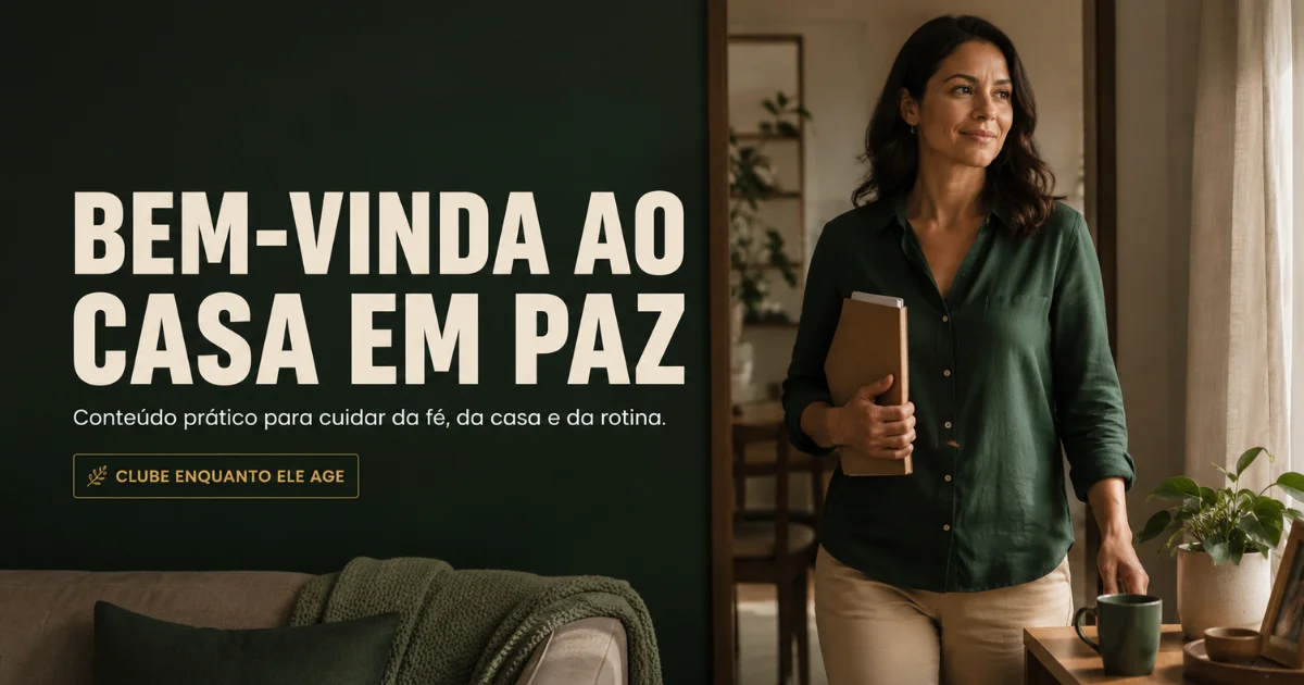 Mulher em uma sala acolhedora com a mensagem Bem-vinda ao Casa em Paz