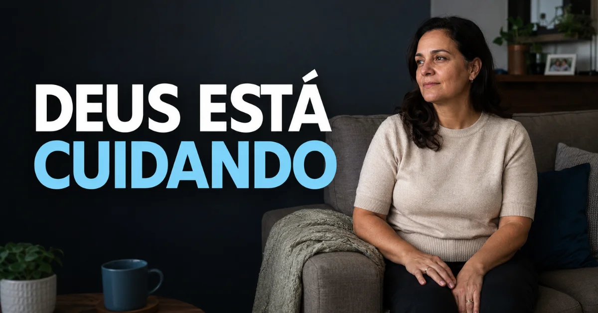 Mulher sentada na sala ao lado da frase Deus está cuidando
