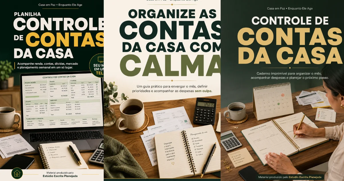 Composição com planilha e cadernos para organização das contas da casa