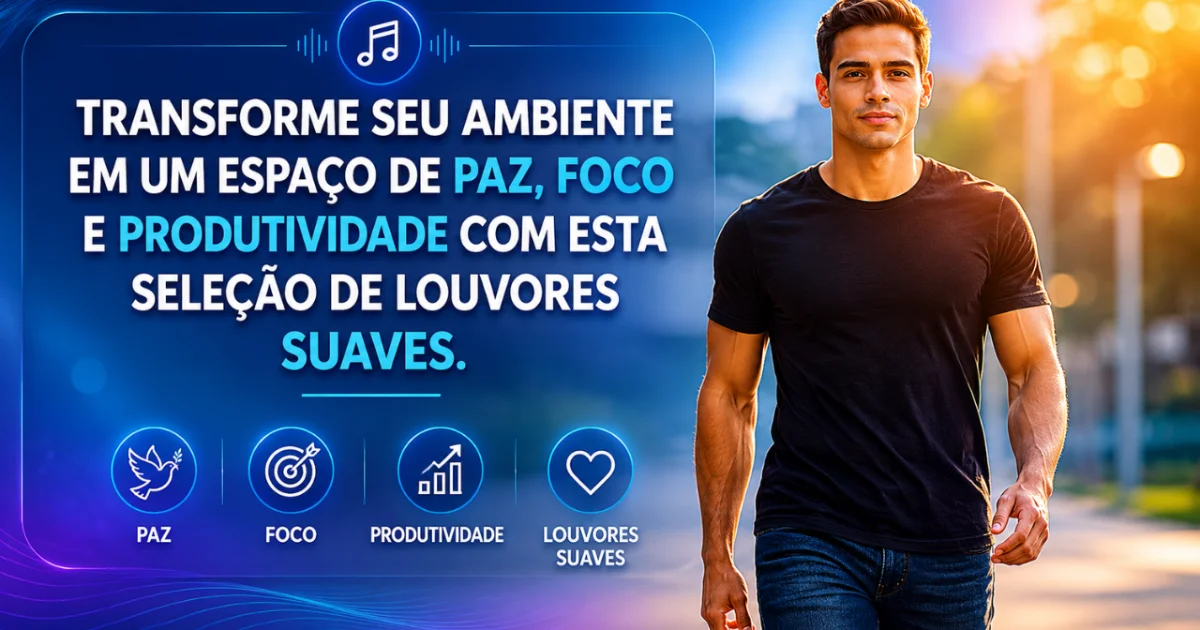 Homem em composição gráfica sobre paz, foco, produtividade e louvores suaves